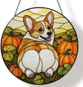 Corgi Butt Pumpkin Field Stained Glass Suncatcher 9.8" Colorful Window Hanging Ornament, Retro Sun Catcher Decor with Chain for Home Wall Garden Birthday Christmas Mothers Day by FeHuew