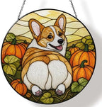 Corgi Butt Pumpkin Field Stained Glass Suncatcher 11.8" Colorful Window Hanging Ornament, Sun Catcher Decor for Bathroom Front Door Living Room Home Wall Garden by FeHuew