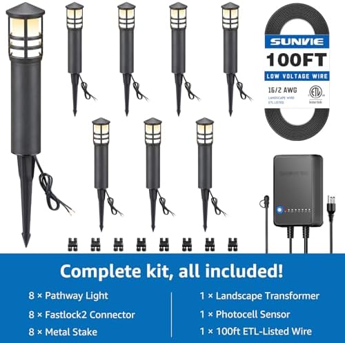 SUNVIE All-in-One LED Landscape Lighting Kit, 8-Pack Low Voltage Pathway Lights with Transformer and 100FT 16/2 AWG Wire, 3000K Waterproof Landscape Lights with Connectors for Walkway Garden Yard - Image 5