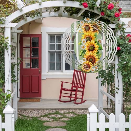 Wind Spinners for Yard Garden, Watercolor Sunflower Leaves on Green 3D Stainless Steel Round Hanging Spinners Indoor Outdoor Kinetic Yard Art,12 Inch, Summer Flower - Image 3