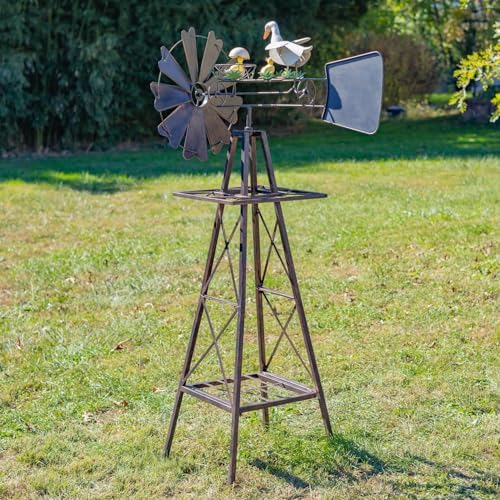 Windmill Spinner with Moving Hand-Painted Animals Scenes on Top, Includes Metal Tower Stand, Decorative Garden Decor (Hatching Duckling) by ZaerLtd