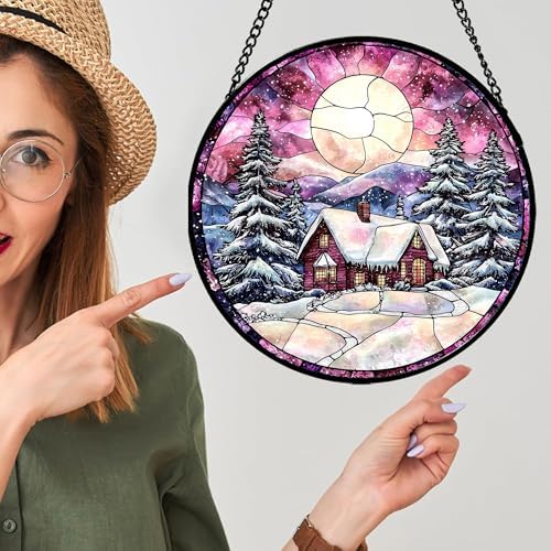 Snow and Moon Stained Glass Window Hanging Suncatcher Gift for Women 9.8" - Image 3