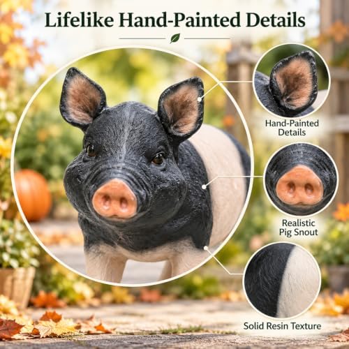Garden Pig Statue, 26" Realistic Resin Pig Figurine, Pink & Black - Image 3