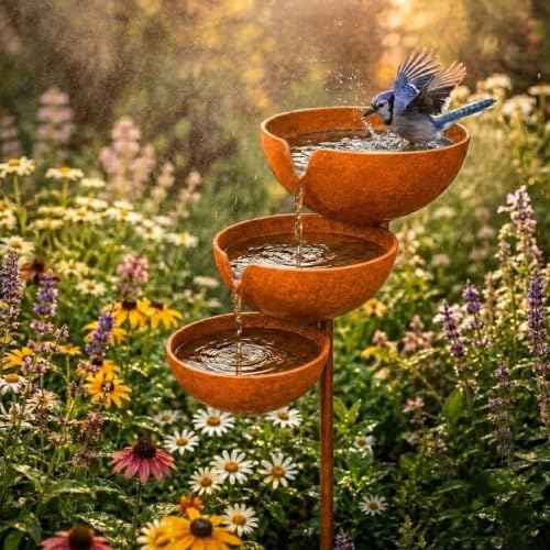 Rain Catcher Bird Bath Tiered, Bring Life Back to Your Garden – Rain Catcher Bird Bath, Rustic Metal Garden Stake, Weather-Resistant Outdoor BirdBath for Yards (Light Copper,3PCS) by Unknown