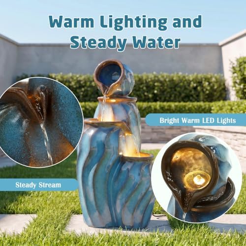 29.5" Outdoor Garden Water Fountain, 3-Tier Ceramic-Look Waterfalls - Image 4