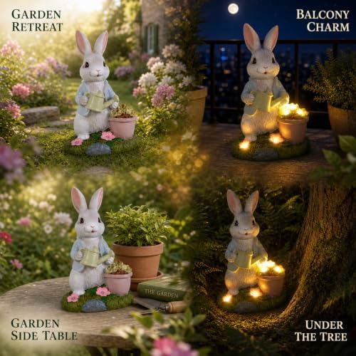 Solar Rabbit Garden Statue with Watering Can and Succulent Lights - Image 6