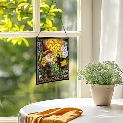 Bee Friend Gnome Stained Glass Suncatcher – Square Hanging Window Panel for Home or Greenhouse – Whimsical Glass Art Gift for Garden Lovers, Christmas, Halloween, Father Days NXogQg - Image 3