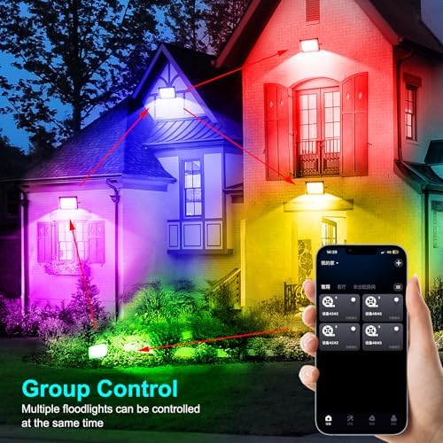 RGB LED Flood Light Outdoor 1000W Equivalent, 100W Bluetooth RGBCW Smart Floodlights 2700K, 16 Million Color Changing, Timing, Music Sync, IP66 Waterproof Landscape Light with US Plug (2 Pack) - Image 4