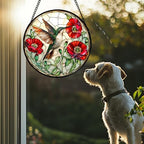 Stained Glass Window Hanging - Green Hummingbird Red Flower Suncatcher for Door Terrace Garden Home Decor Bird Landscape Sun Catcher Birthday Gifts for Lovers Women Men Dad Mom Nana 15 in - Image 5