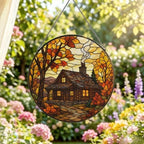 Autumn Maple Log Cabin Stained Glass Suncatcher 9.8" Colorful Window Hanging Ornament, Retro Sun Catcher Decor with Chain for Home Wall Garden Birthday Christmas Mothers Day - Image 2