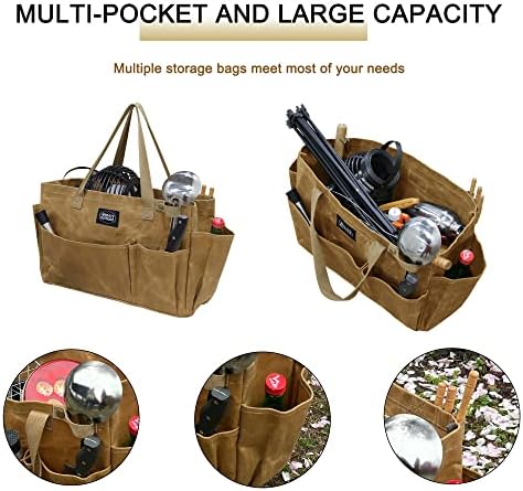 Portable Garden Camping Tool Storage Bag,Waxed Canvas Firewood Carrier Tote bag,Collapsible Sturdy Garden Basket Great for Women, Gardener, Electrician, Repairer (Khaki) - Image 3