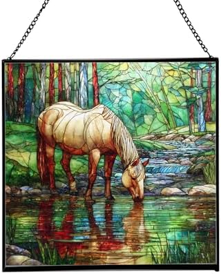 Palomino Rocky Mountain Horse grazing beside shallow stream Square Suncatcher –Stained Glass Style Window Panel with Pastoral Scene, Custom Decorative Hanging Art for Equestrian Home, Christmas Jkv88r by Custom