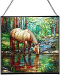 Palomino Rocky Mountain Horse grazing beside shallow stream Square Suncatcher –Stained Glass Style Window Panel with Pastoral Scene, Custom Decorative Hanging Art for Equestrian Home, Christmas Jkv88r by Custom