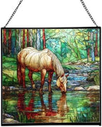 Palomino Rocky Mountain Horse grazing beside shallow stream Square Suncatcher –Stained Glass Style Window Panel with Pastoral Scene, Custom Decorative Hanging Art for Equestrian Home, Christmas Jkv88r by Custom