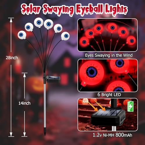 Kohlrabi Halloween Decorations Outdoor, 8 Pack 48 LED Solar Red Scary Eyeball Swaying Lights, Solar Firefly Light Waterproof Outdoor Lights for Yard Garden Party - Image 2