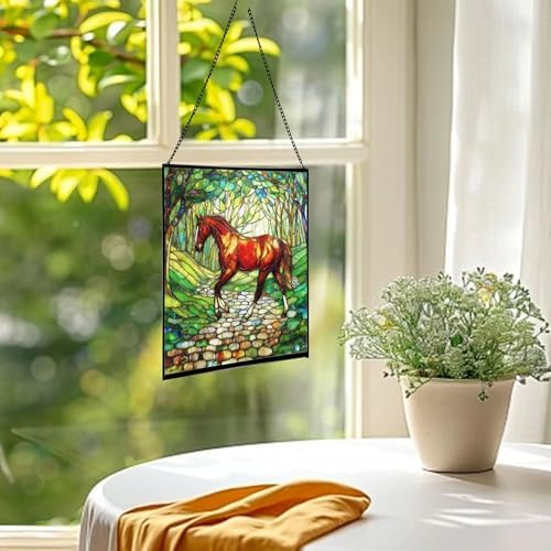 Chestnut Standardbred Horse Trotting Down Hillside Road Square Suncatcher – Stained Glass Style Window Panel with Pastoral Scene, Custom Decorative Hanging Art for Equestrian Home, Christmas gld8kR - Image 3