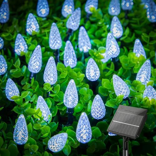 Brightown White Solar Operated C6 Strawberry String Lights, 22.64ft 50 LEDs White LED Christmas Fairy Lights, Solar Christmas Lights Outdoor, Christmas Decorations for Christmas Tree, Garden Decor by Brightown