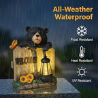 Garden Black Bear Welcome Sign with Solar Lantern, Decorative Outdoor Statue for Porch, Patio or Garden with Butterfly and Sunflowers - Image 5
