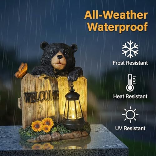 Garden Black Bear Welcome Sign with Solar Lantern, Decorative Outdoor Statue for Porch, Patio or Garden with Butterfly and Sunflowers - Image 5