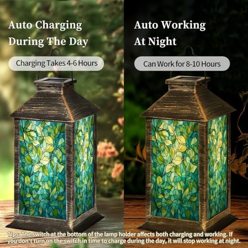 Solar Lantern Leaf Vine Stained Glass Teal Green Mosaic Style Outdoor Waterproof Hanging Solar Light Outside Lights for Patio Yard House Lawn Decor Birthday Gifts for Women Mom - Image 4