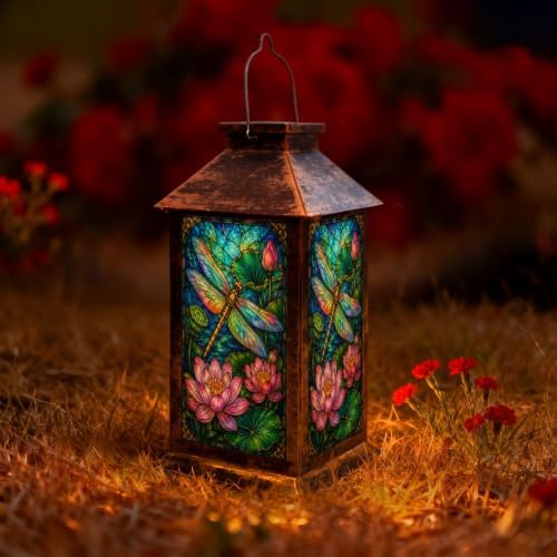 Solar Lantern Vibrant Stained Glass Outdoor Waterproof Garden Hanging Lantern Solar Powered Lighting Outside Solar Light for Patio Yard Camping, Gifts for Women Mom by Unknown