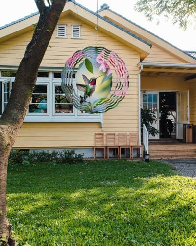 Wind Spinners for Yard Garden, Spring Hummingbird Flower Leaf 3D Stainless Steel Round Hanging Spinners Indoor Outdoor Kinetic Yard Art,12 Inch, Pastoral Pink Floral Bird - Image 7