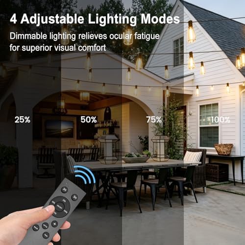Achin 50FT Solar String Lights Outdoor with 32 LED Bulbs 1.5FT Bulbs Spacing,Patio String Lights Whith Remote, IP65 Waterproof, 3600mAm Battery (50FT 32Bulbs) - Image 3