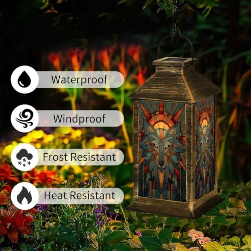 Solar Lantern Mid Century Wolf Stained Glass Outdoor Waterproof Garden Hanging Lantern Solar Powered Lighting Outside Solar Light for Patio Yard Camping, Gifts for Women Mom - Image 3
