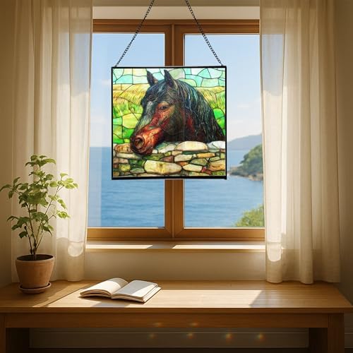Black Morgan Horse Watching Over Stone Wall Square Suncatcher – Stained Glass Style Window Panel with Pastoral Scene, Custom Decorative Hanging Art for Equestrian Home, Christmas 29WWnX - Image 5