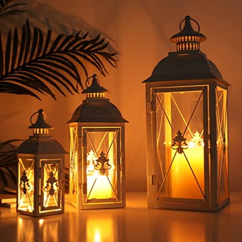 TRIROCKS 3-Pack Decorative Lanterns - 19" Vintage Metal Candle Holders with Tempered Glass - Perfect for Christmas, Living Room, Garden, Patio, Indoor & Outdoor Events (White with Gold Brush Finish) - Image 5