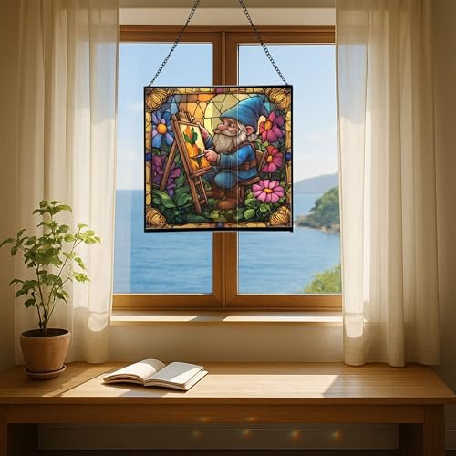 Painter Gnome at Work Stained Glass Suncatcher – Square Hanging Window Panel for Home or Greenhouse – Whimsical Glass Art Gift for Garden Lovers, Christmas, Halloween, Father Days 0m6gCB - Image 6