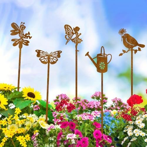 Garden Decorations 5pcs Rusty Metal Stakes - Rustic Outdoor Decor -of Rust-Look Stakes for, Patio Balcony - Vintage Yard Art with Handcrafted Appeal - Image 7