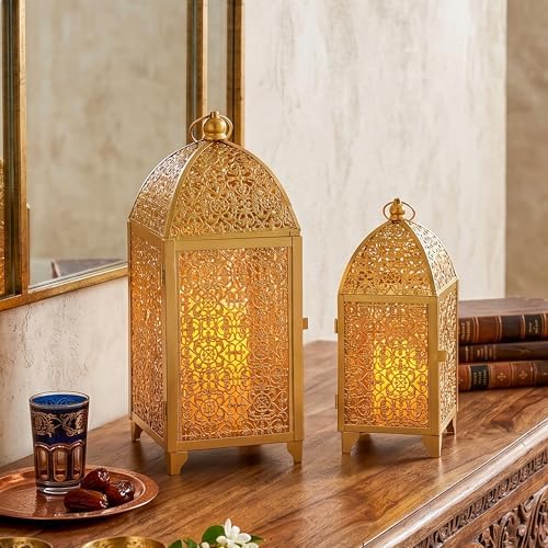 TRIROCKS Set of 2 Vintage Decorative Candle Lantern 12''&16.5'' High Metal Candle Holder Hanging Lantern with Hollow Pattern for Living Room Garden Parties Events Indoors Outdoors(Gold) - Image 5