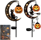 Solar Halloween Black Cat & Pumpkin Moon Garden Stake Light,2-in-1 Waterproof Outdoor LED Yard Decor with Hanging Lantern,Auto Dusk-to-Dawn Lawn Ornament for Pathway,Patio, Walkway (Black-J-2PCS) by HZSprance