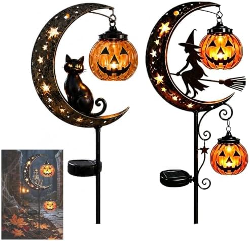 Solar Halloween Black Cat & Pumpkin Moon Garden Stake Light,2-in-1 Waterproof Outdoor LED Yard Decor with Hanging Lantern,Auto Dusk-to-Dawn Lawn Ornament for Pathway,Patio, Walkway (Black-J-2PCS) by HZSprance