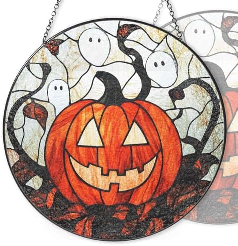 9.84 Inch Stained Glass Window Hanging Halloween Pumpkin Ghost Sun Catchers Spooky Autumn Suncatchers for Windows Hanging Stain Glass Decoration for Garden Outdoor Indoor Window Decor Gift by Unknown