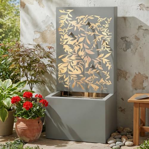 30.71" Modern Metal Leaf Cutout Outdoor Water Wall Fountain with LED Lights - Image 2
