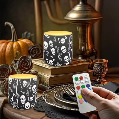 Pack of 4 Flameless Candles with Remote, Halloween Skeleton Battery Operated Candles with Timer Waterproof Flameless Pillar Tea Lights for Indoor Outdoor Party Banquet Decorations - Image 3