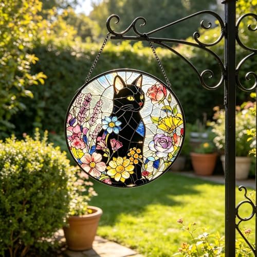 Larger 12-in Black Cat Suncatcher Stained Glass Window Hanging Sun Catcher - Image 2