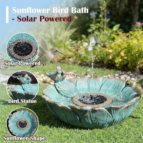 Outdoor Solar Bird Bath with Water Pump Fountain, Two Usage Modes for Hummingbird, 16.9"W Solar Powered Birdbath, Sunflower with bird, 7 nozzles Water Feature for Garden Backyard Decor (Peacock Blue) - Image 2