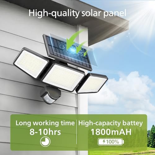 Philips Solar Security Light Outdoor 302 LED 1200lm，Solar-Powered Waterproof Wall-Mounted Flood Light w/PIR Motion Sensor, 3 Heads, IP65 Waterproof, 3 Modes (2 Packs) - Image 6
