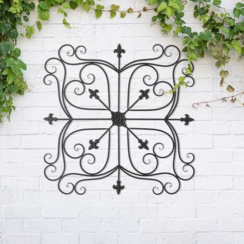 Glitzhome Vintage Wall Decor, Black Artistic Beauty Metal Garden Ornament Powder-Coated Matte Black Finish Charming Fleur-de-lis Outdoor Indoor Decoration - Image 4