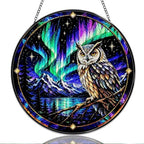 9.84 Inch Stained Glass Window Hanging Owl and Northern Lights Sun Catchers Aurora Mountain Forest Owl Suncatchers for Home Porch Garden Indoor & Outdoor Decor by Unknown
