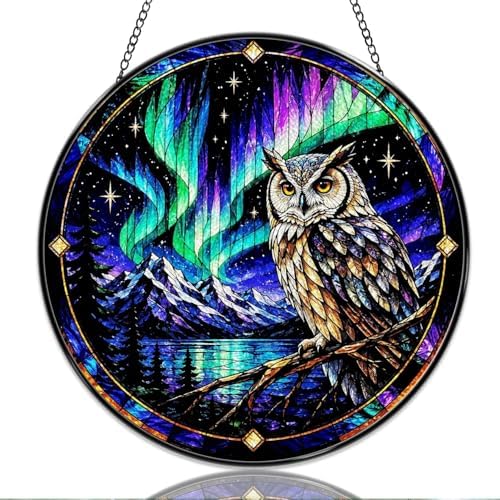 9.84 Inch Stained Glass Window Hanging Owl and Northern Lights Sun Catchers Aurora Mountain Forest Owl Suncatchers for Home Porch Garden Indoor & Outdoor Decor by Unknown
