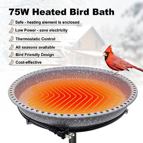 BIRD WISH Heated Bird Bath, Stable 5-Prong Metal Base Thermostat Control Weather Resistance All Seasons Available 75W Heated Bird Baths for Outdoors for Winter Garden Yard Patio Lawn, Spotted Grey - Image 2