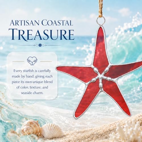 Stained Glass Red Starfish 3in Suncatcher Set of 5, Coastal Home Decor - Image 3