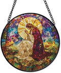 Maria with Evening Circle Suncatcher Window Hanging Handmade Stained Glass Suncatchers Decoration with Metal Chain Outdoor Garden Decor Gift for Women Christmas Thanksgiving 9.8 Inch by Unknown
