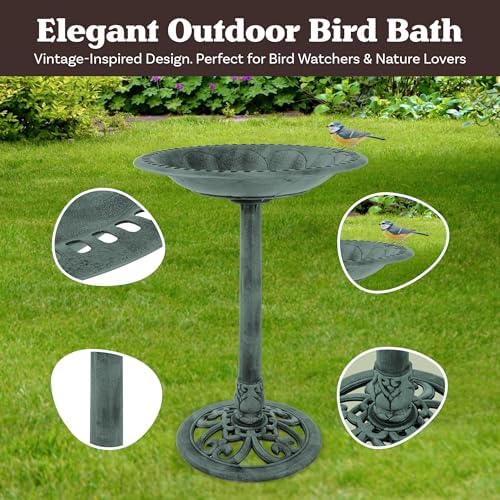 Pure Garden Antique Style Outdoor Bird Bath, Patina Green - Image 2