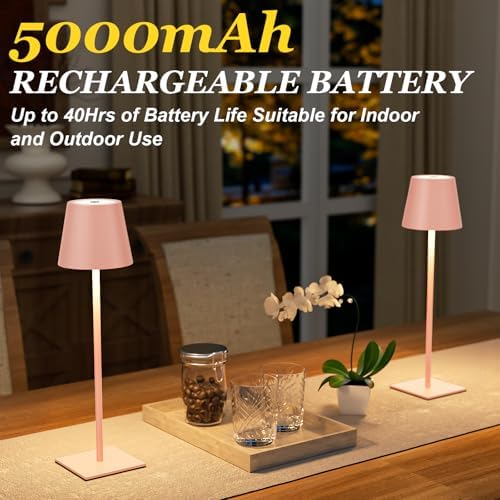 Kakanuo Pink Cordless Rechargeable Table Lamp 5000mAh Battery Operated Lamps, 3 Colors Stepless Dimming Touch Lamp for Living Room, Kitchen Counter, Dining, Outdoor Patio, 2 Pack - Image 4