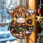 Sunflowers and Highland Cow Tiffany Acrylic Suncatcher by AVAGAN